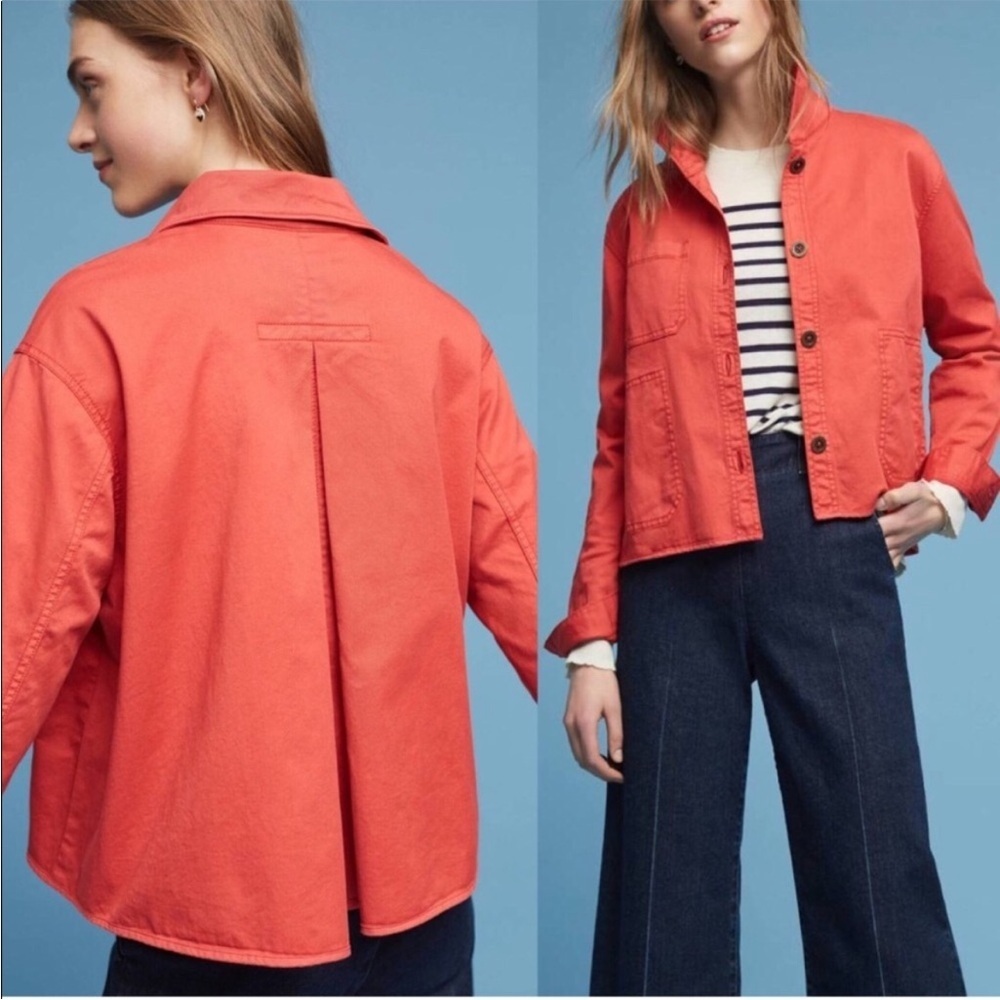 Anthropologie Coral-Red Boxy Button-Up Jean Jacket